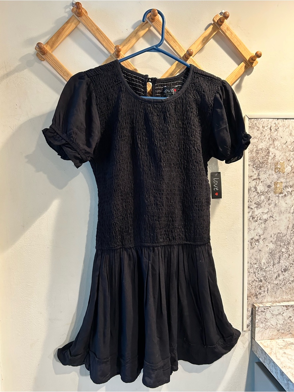 Love Black Smocked Mini Dress with Puff Sleeves. New